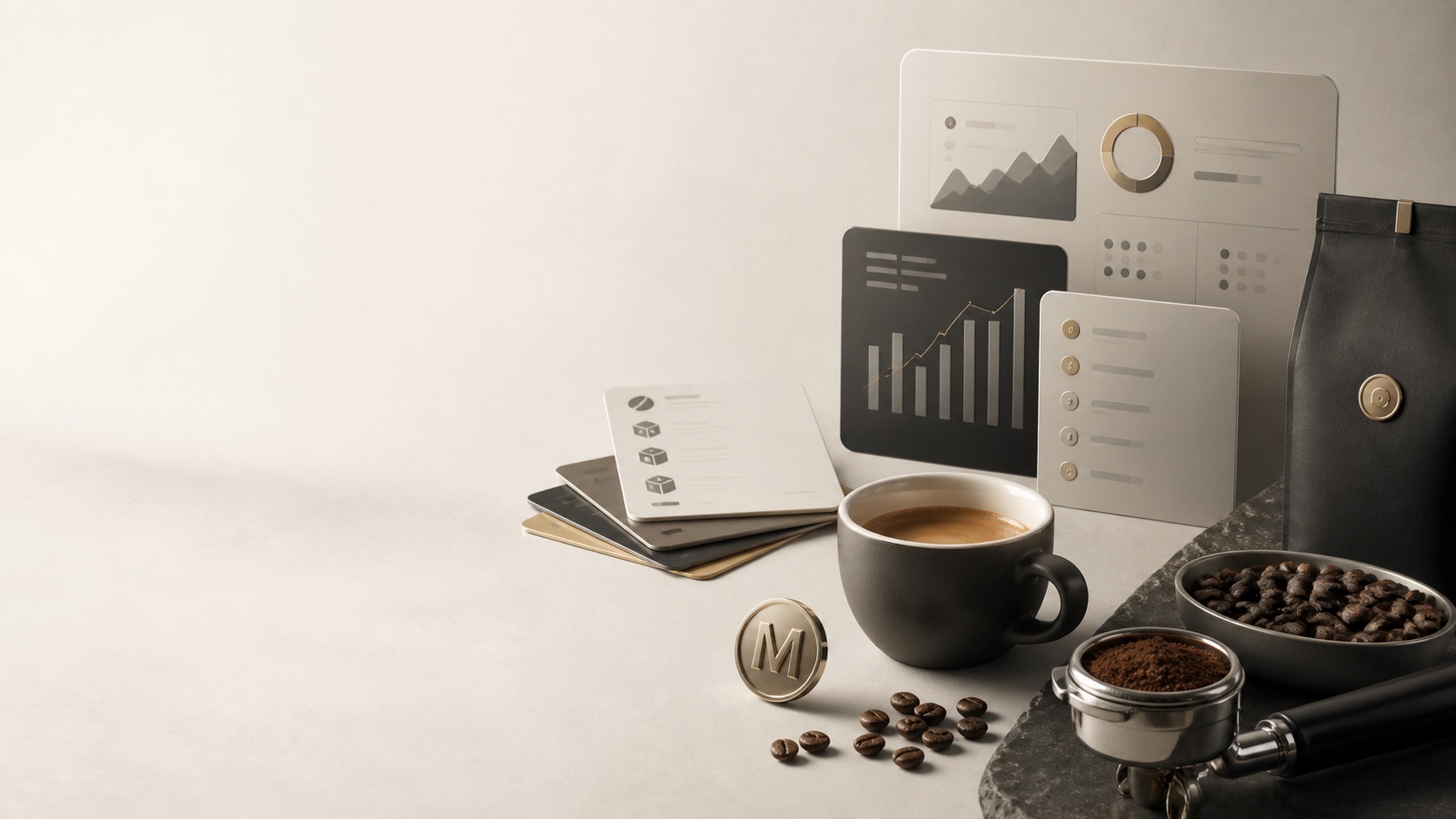 Taza de espresso, granos, portafiltro y tableros de control de Mercury Coffee